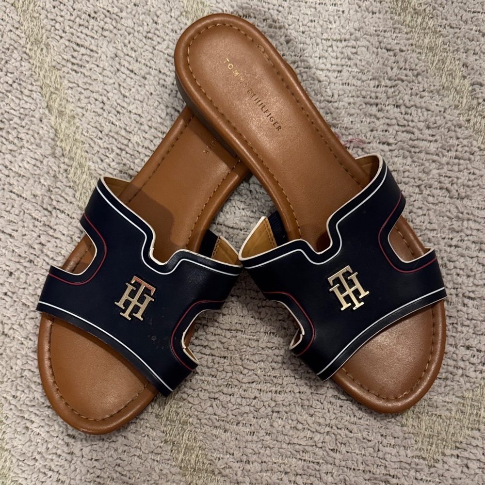 Tommy Hilfiger TH Logo Slide Sandals Navy Gold Women’s 9.5 Slip On